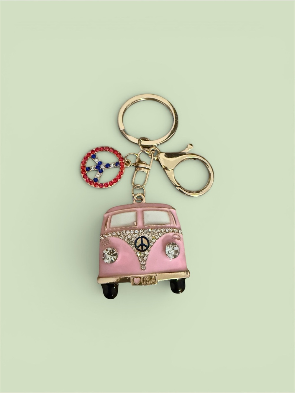 Pink Peace Van Enamel Keychain with Rhinestones